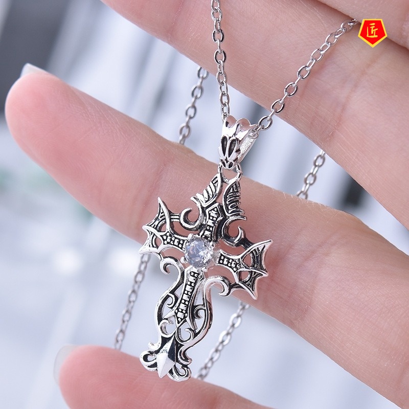 [Ready Stock]Creative Retro S925 Silver Black Cross Pendant Jesus Christ Diamond-Studded Necklace