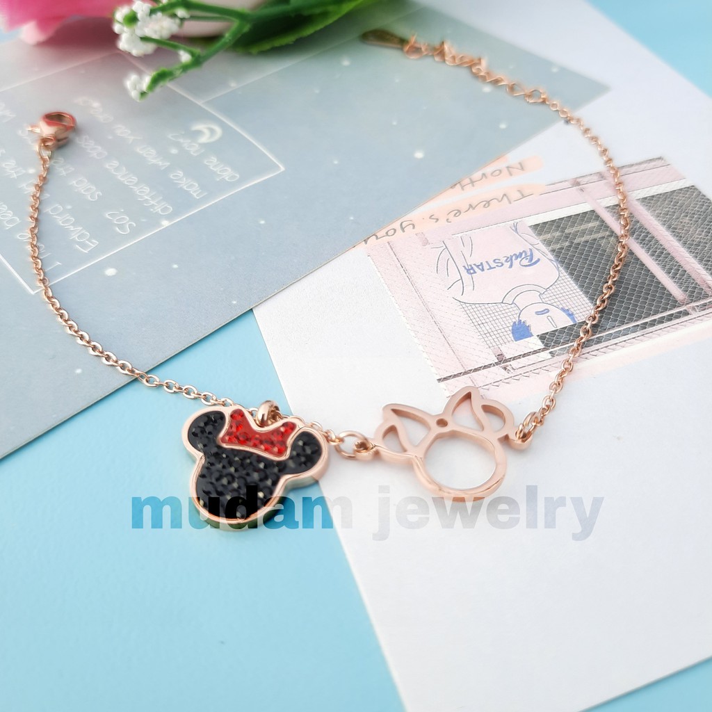 Gelang Rantai Titanium Desain Minnie Warna Rose Gold, Gold dan Silver