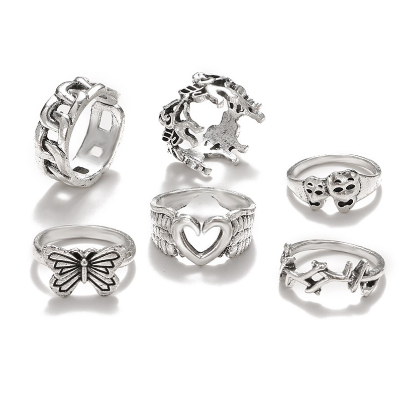 6 piece set opening adjustable personality ring skull exaggerated joint ring Cupid love butterfly ring For women