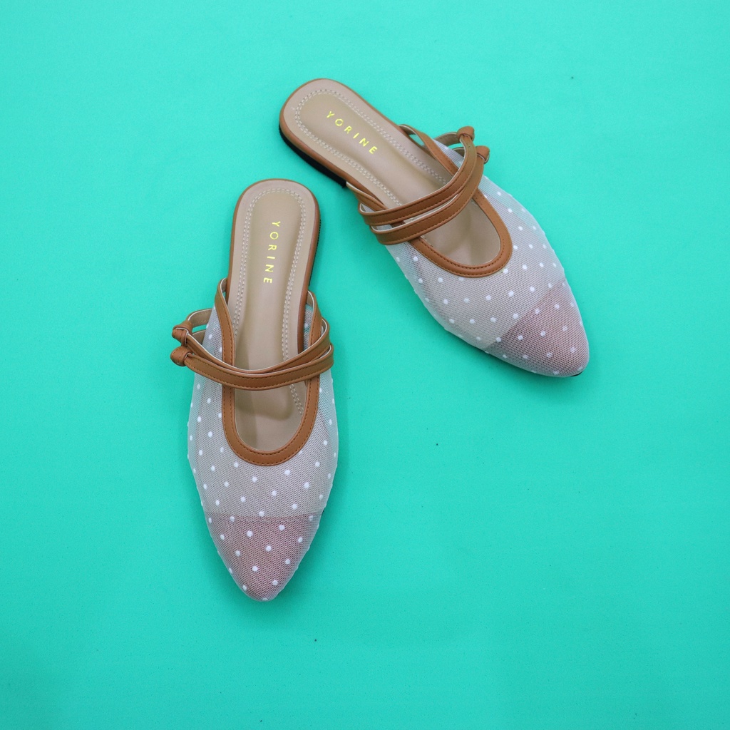 Sepatu Wanita Mules Flat SHoes Anti Slip Model Jaring Polkadot Kekinian Slop Jala