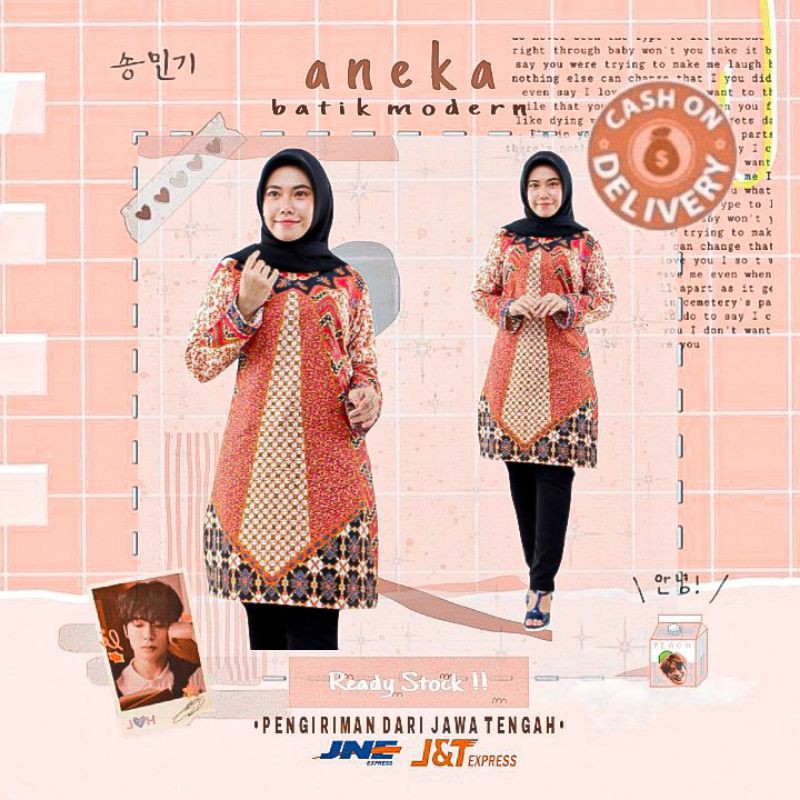 DRESS BATIK WANITA TUNIK BDP KONDANGAN KERJA KANTOR SELUTUT M L XL XXL WARNA ORANGE OREN CREM COKLAT