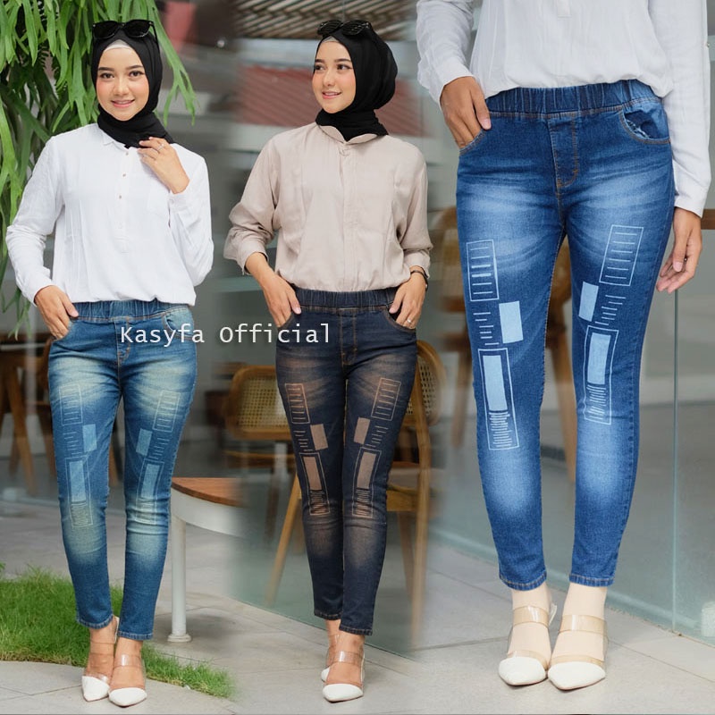 LESTY PANTS CELANA JEGGING JEANS LASER KOTAK FULL KARET - KF