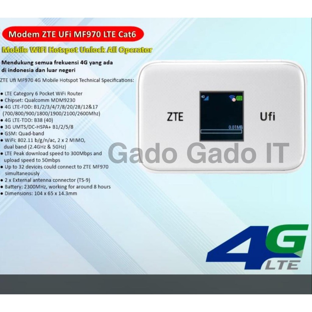 Mifi Router ZTE MF970 Speed 300Mbps 4G LTE Cat6 (UNLOCK GSM)