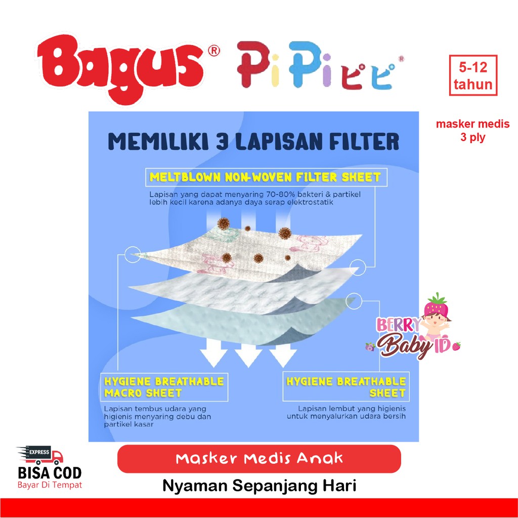 Bagus Pipi Kids Surgical Mask 3 Ply Earloop Masker Medis Anak 10 Sheet Berry Mart