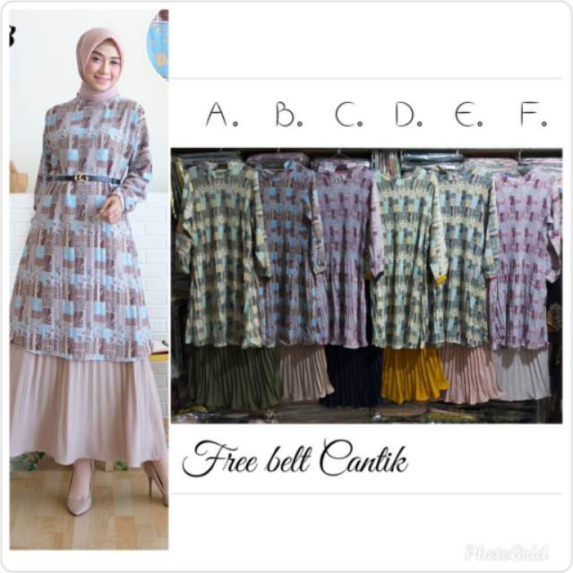 SETELAN ROK PLISKET DAN TUNIK PRISKET MOTIF ORI MOSCA FREE BELT