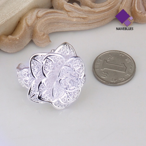 Cincin Model Terbuka Bentuk Bunga Lapis Silver Untuk Wanita