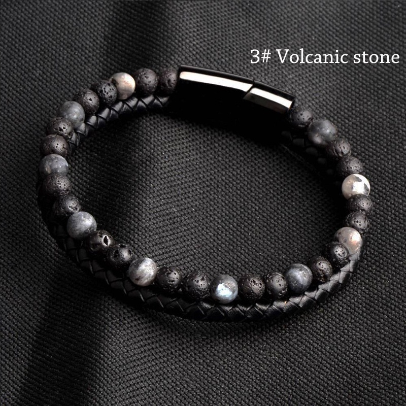 Gelang Tangan Kulit Hitam Aksen Manik-Manik Stainless Steel Untuk Pria