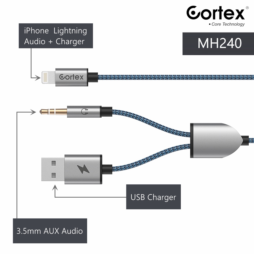 Cortex MH240 Lightning to Jack 3.5mm with USB Charging / Audio + Charger Kabel 1.2Meter