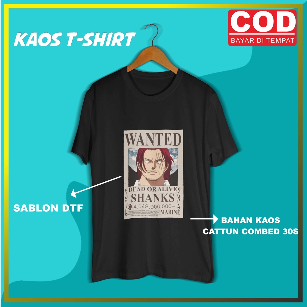 Baju Kaos Distro T-Shirt Cattun Combed 30S Anime One Piece Poster Wanted Wanted Kaisar Laut Yonkow B