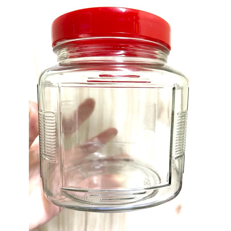 Toples Kaca Kotak 1000ml / Toples Kaca Kedap Udara 1 Liter Tutup Merah