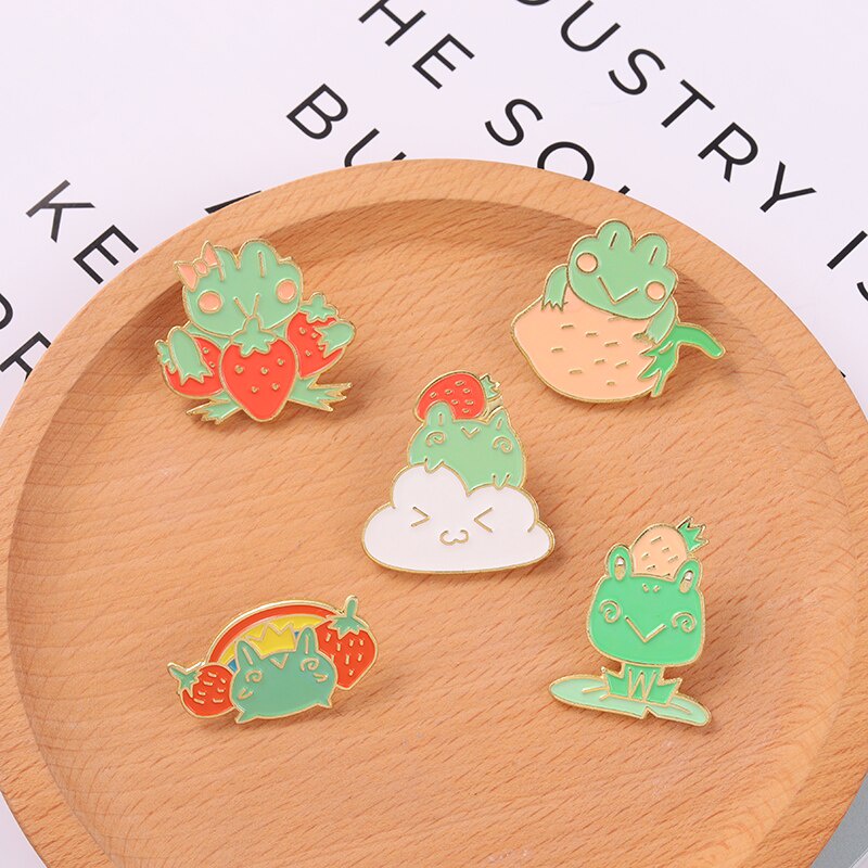 Quack Enamel Pin Frog Strawberry Lotus Leaf Brooches Bag Lapel Pin Cartoon Animal Badge Jewelry Gift for Kids Friends