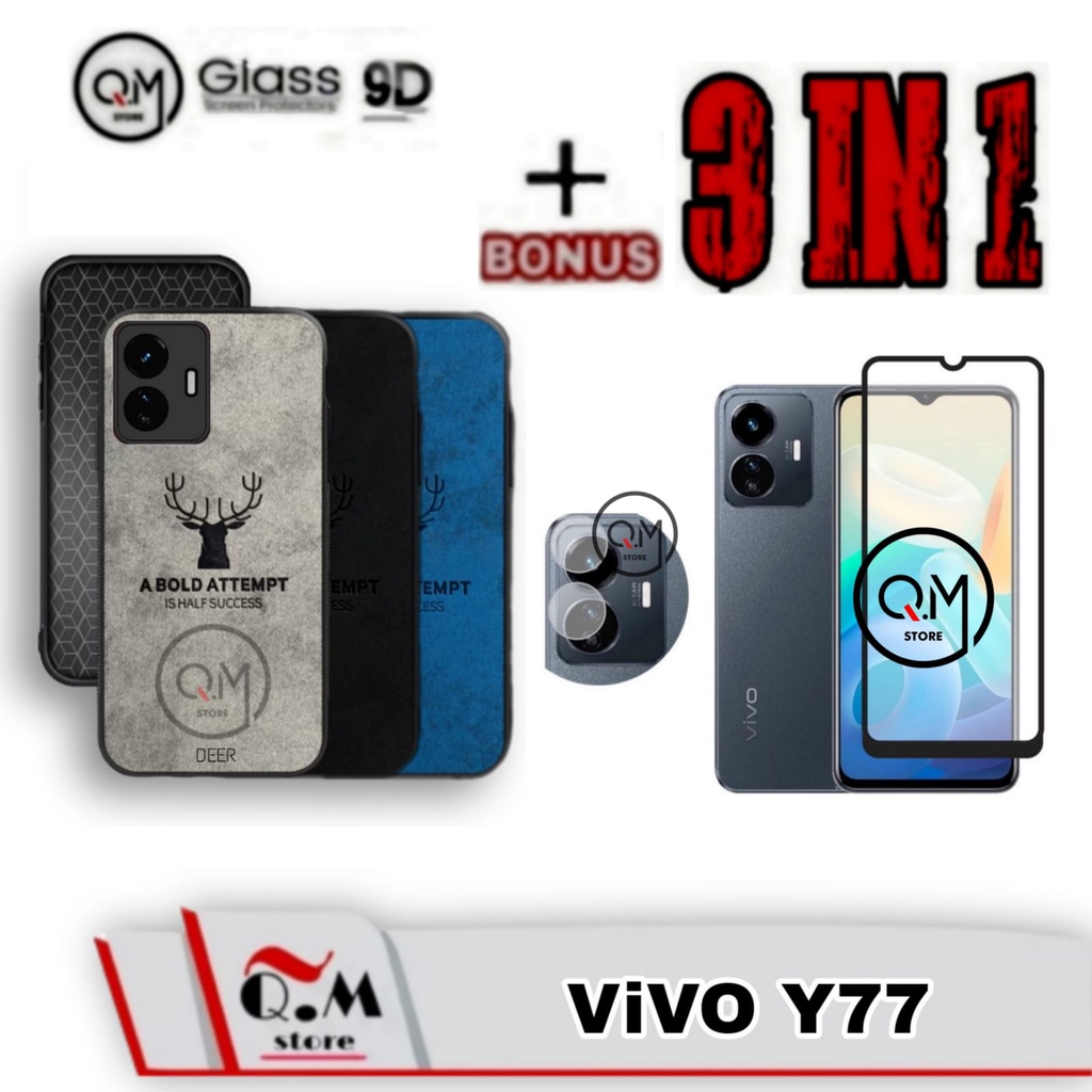 Paket 3 in1 Case Vivo Y77 2022 Softcase Deer Pelindung Back Cover Bonus Tempered Glass Layar Plus Lensa Camera Belakang