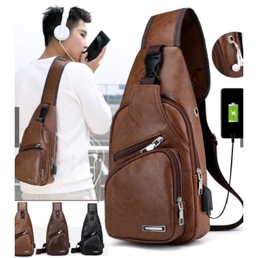 Selempang Kulit Pria Tas Hp/Tas Dada+ Usb/Tas Impor Batam /Sling Bag Usb Kulit Selempang tas terbaru