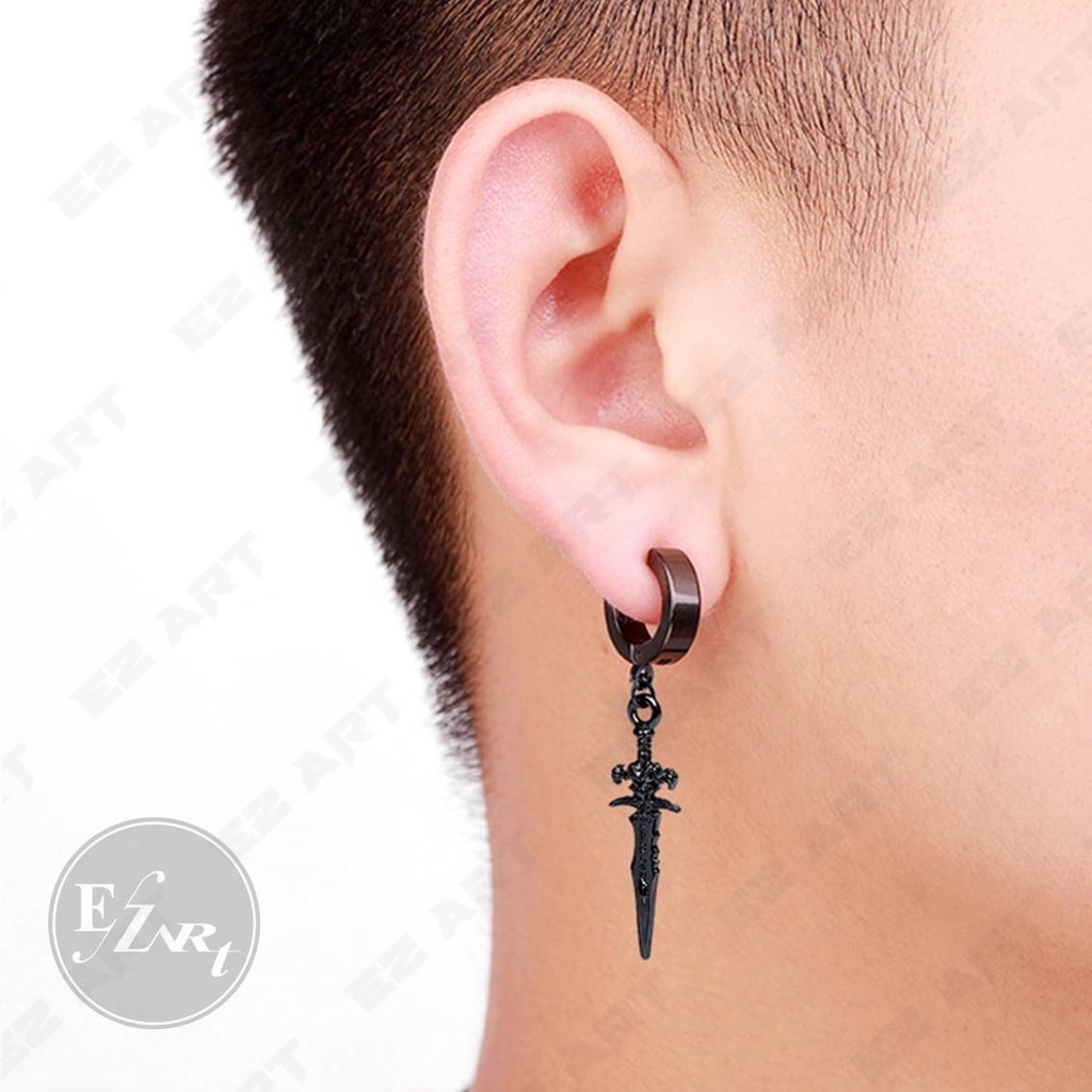 1Pc Model EZ-BB Anting Gantungan PEDANG SWORD Warna Hitam Silver Pria dan Wanita Jepit Tusuk KPOP BTS PUNK