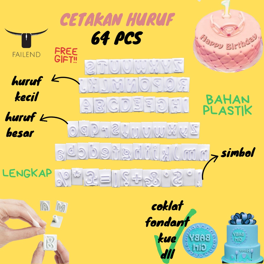 Cetakan Huruf Fondant 64 pcs Alfabet Stamp Plunger Abjad Untuk Dekorasi Kue