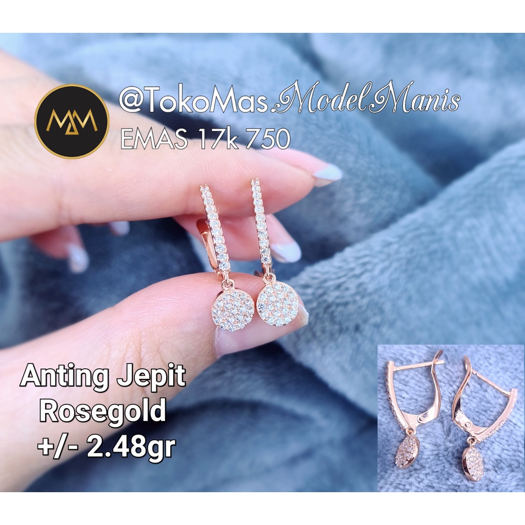 Anting Jepit gantung bulat diamond looks emas putih rosegold 750 kadar 17k