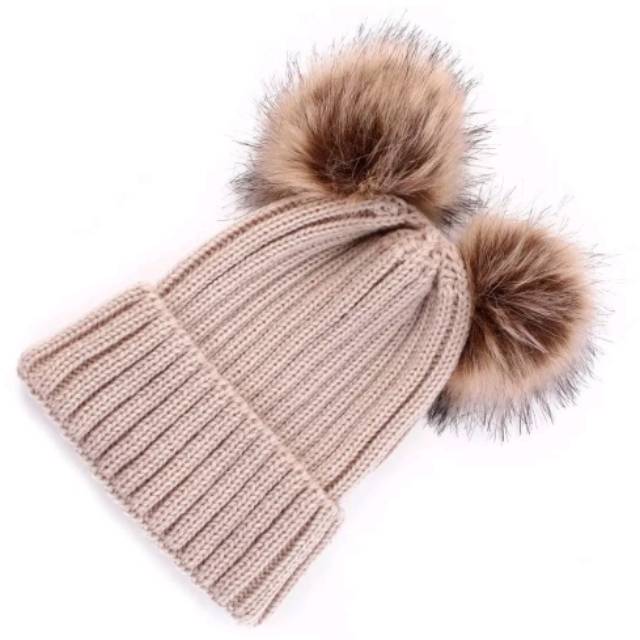 Winter Knitted Pompom Fur Beanie Hat Topi Kupluk Rajut Adult / Kids