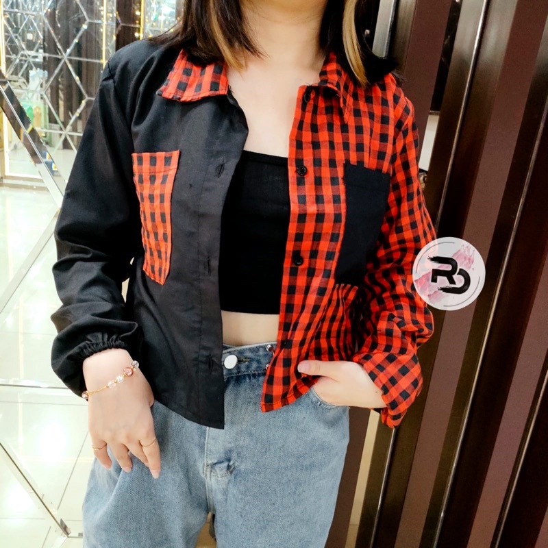 RD FASHION Mika Crop Top / KEMEJA CROP / kemeja TWO TONE / TARTAN KEMEJA CROP / TARTAN CROP-1cm MERAH COM HITAM