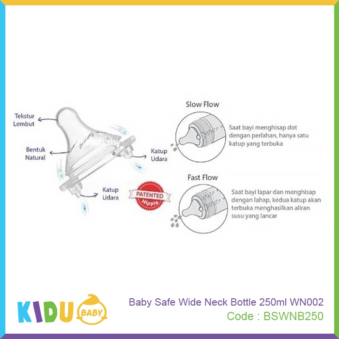 Baby Safe Botol Susu Bayi Anak Wide Neck Bottle 250ml WN002 Kidu Baby