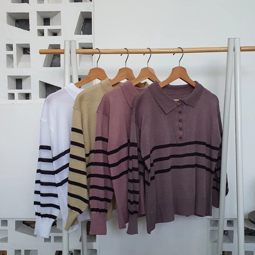 Sweater Trendy Knitted Wanita Florence Collar Bahan Rajut Ala Korean Style