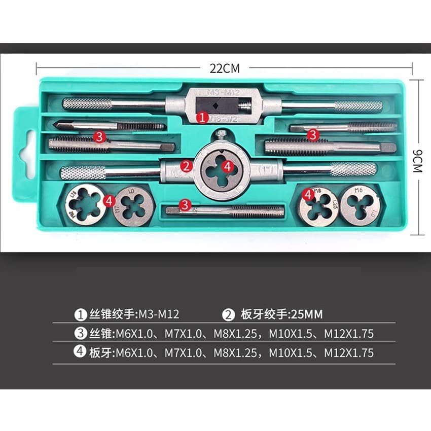 12 Pcs Alat Senai dan Tap Ulir Baut Senai Die Senei Dies Set handtap