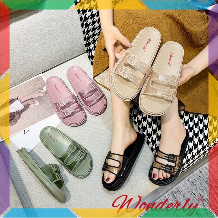 1997-2 Sandal Slop Ban 2 Transparan Wanita Wonderly Sendal Selop Cewek Jelly Karet Empuk Kokop Bening Glanzton