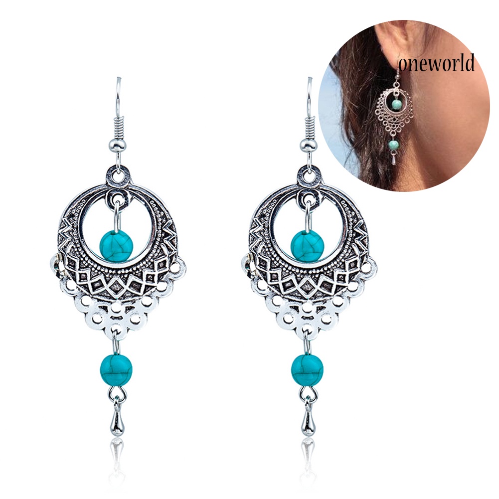 OW@ Boho Women Turquoise Bead Dangle Hollow Charm Hook Earrings Wedding Jewelry