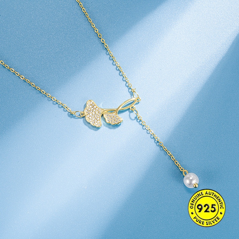 Kalung Rantai Emas 18K Dengan Liontin Daun Ginkgo + Mutiara Untuk Wanita