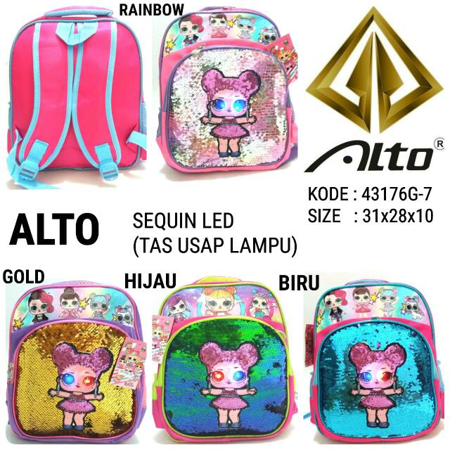 TAS SEKOLAH RANSEL BACKPACK ANAK CEWE TK ALTO 43176G-7 TAS SEQUIN LED USAP DAN LAMPU MURAH A