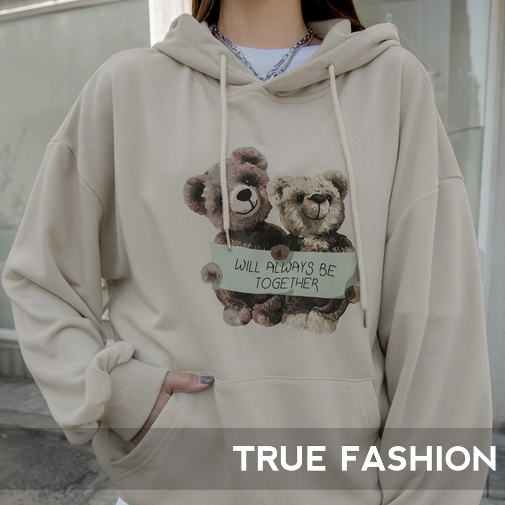 Hoodie Twin Bear Together - Allsize - Bahan Fleece - Baju Wanita - Atasan Wanita