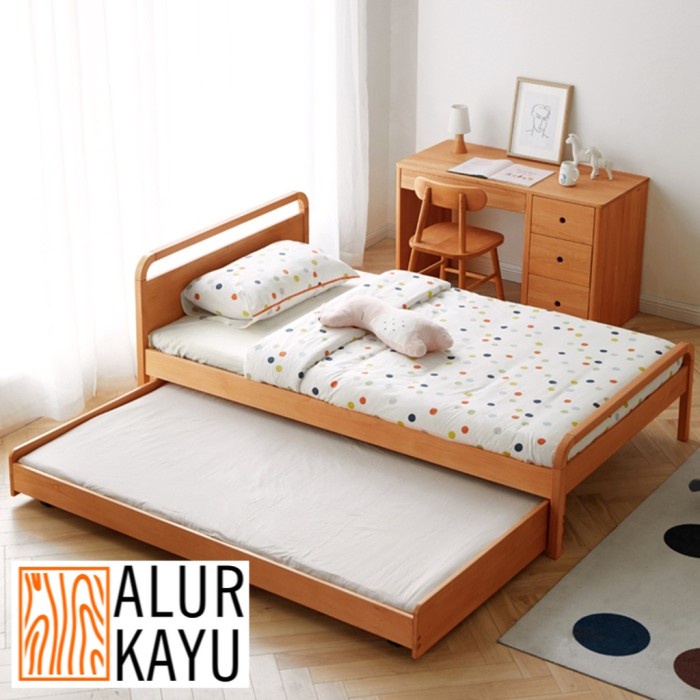 Dipan Tempat Tidur 2 tingkat Kayu Mahoni Solid - 120x200, Natural