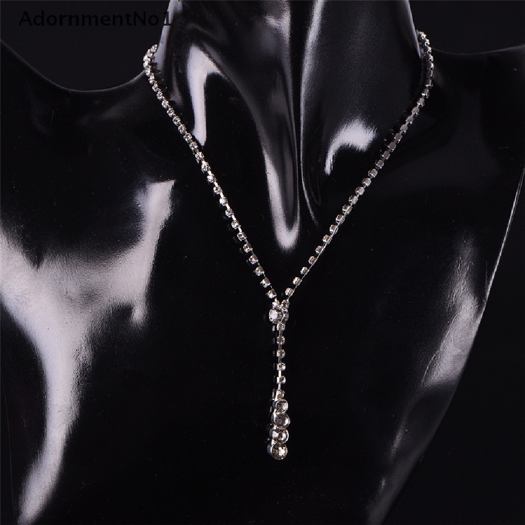 (AdornmentNo1) 1 Set Kalung + Anting Gantung Panjang Tusuk Motif Tetes Air + Kristal + Berlian Imitasi Untuk Wanita / Pernikahan