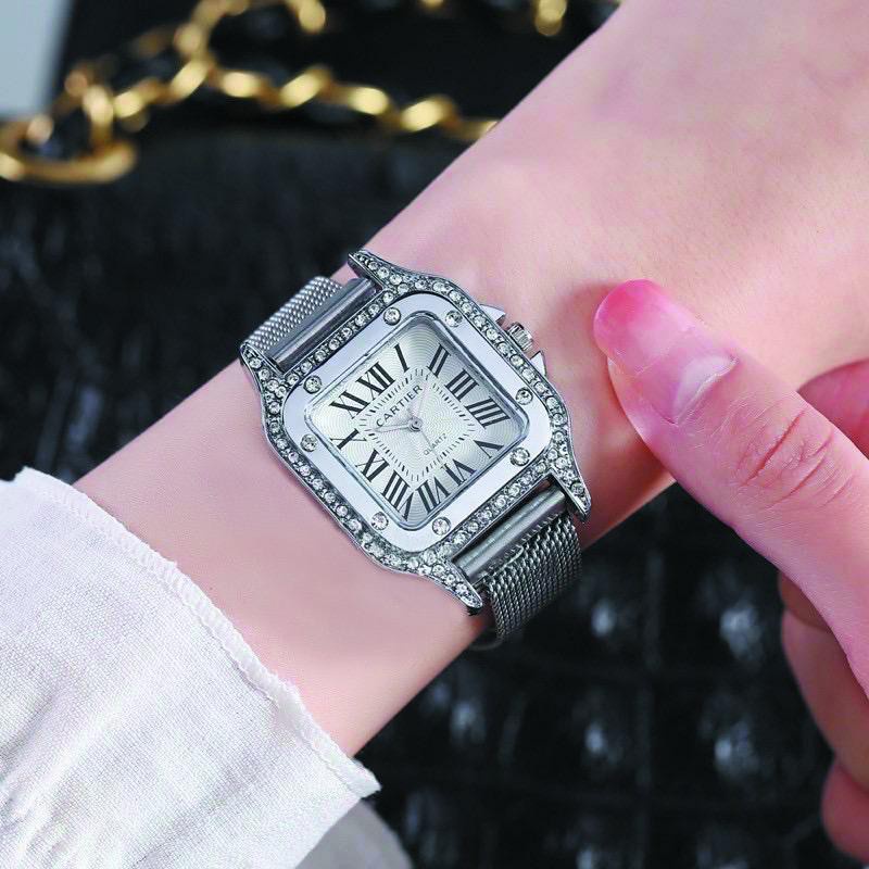 (BW) JAM TANGAN WANITA Magnet kotak  DIAMOND ANALOG CASUAL RANTAI MURAH CT-175