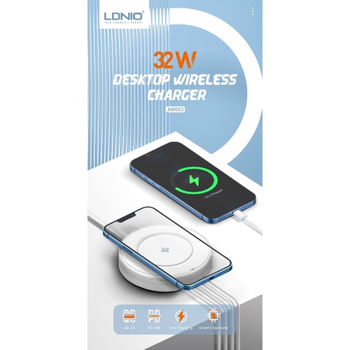 LDNIO AW003 - 32W Desktop Wireless Charger - 4 USB Port and Wireless Charger 15W - Support PD 20W