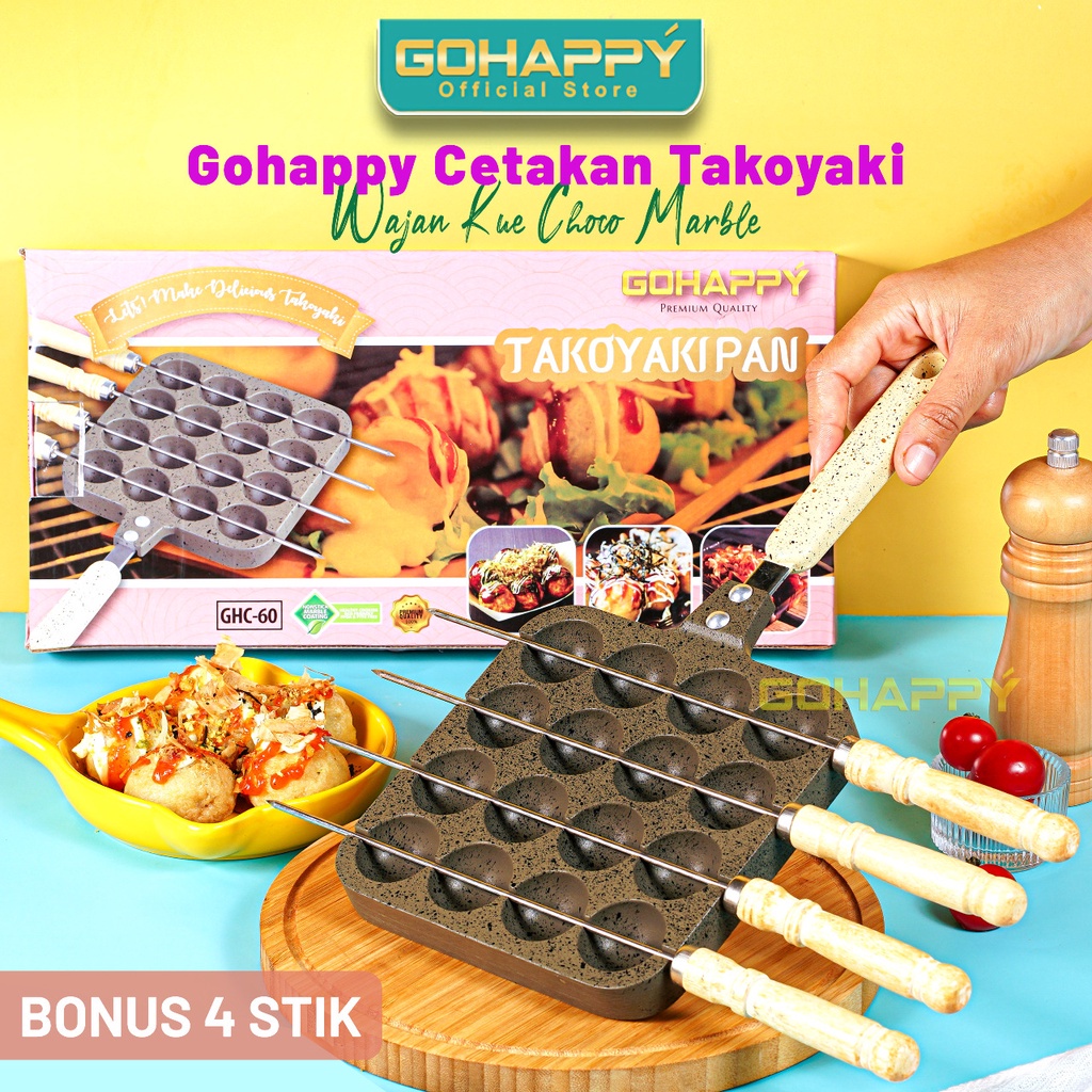 Cetakan Takoyaki Gohappy16 Lubang Anti Lengket Permium - Panci cetak kue poffertjes Anti lengket creamy grey marble anti lengket premium