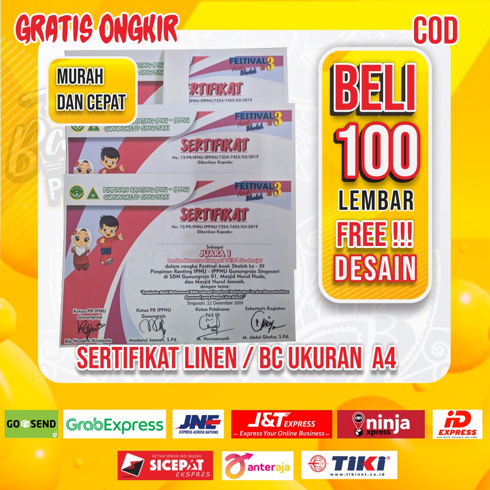 

(Free Desain) Promo Cetak Sertifikat Murah / Cetak Sertifikat Costum Termurah Ukuran A4