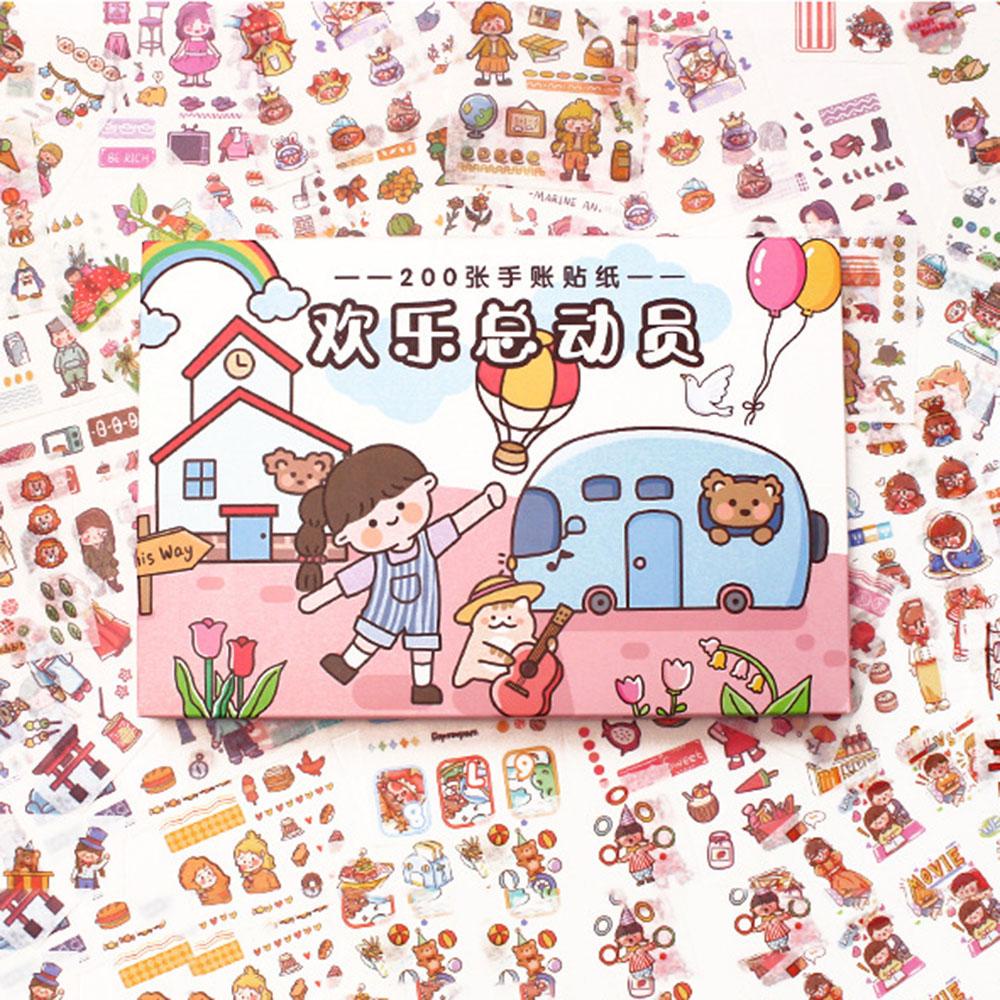 Agustinina Kawaii Stiker Set 200lembar/Box Kotak Hadiah DIY Scrapbooking Tahan Air Minum Makanan Hewan Perempuan Pola PET Perekat Decals