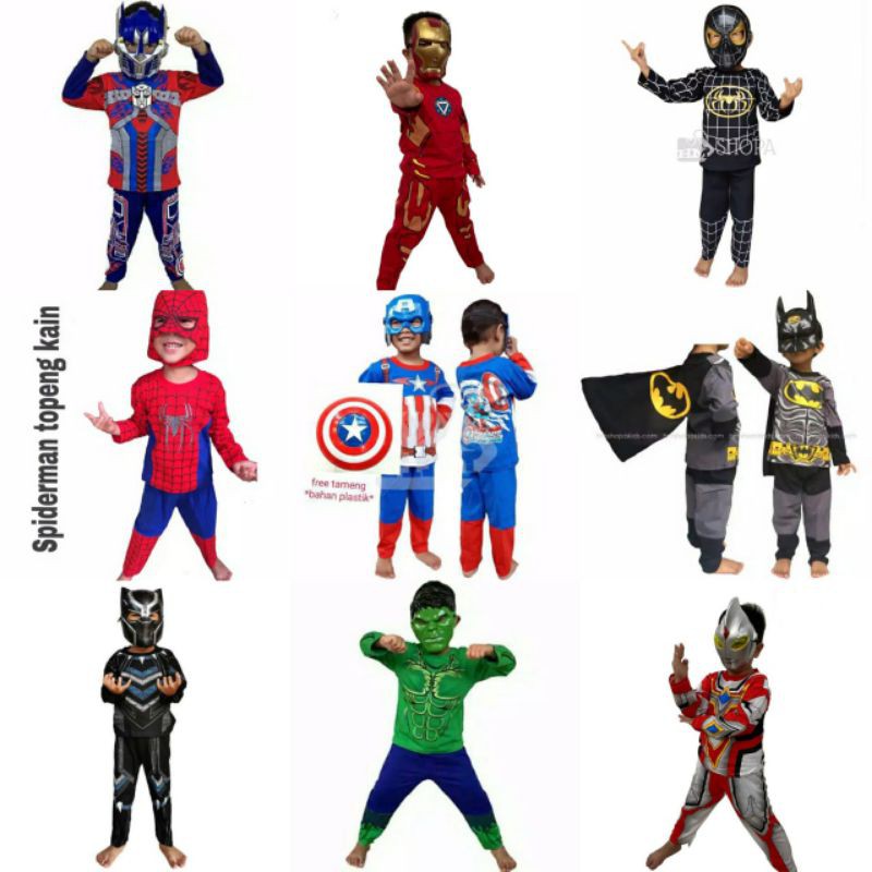 KOSTUM BAJU ANAK SUPERHERO TERMURAH PROMO SPIDERMAN CAPTAIN BATMAN HULK IRON MAN TRANSFOMERS TOPENG