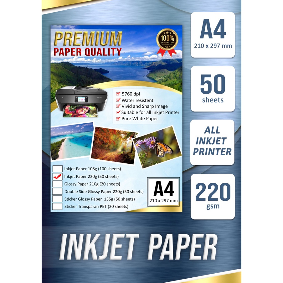 

Inkjet Paper / Inkjet Matt Paper 220gsm A4 ( 1 bungkus 50 lembar )