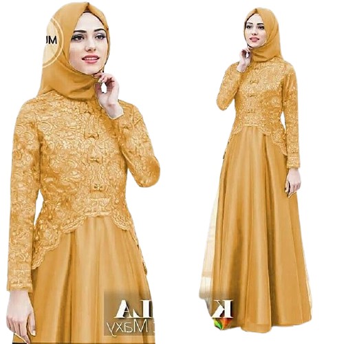 Gamis Brukat  Baju Gamis Brukat Maxy Kaella MINT Gamis Syari Muslimah Gamis Wanita Muslimah Brukat Mutiara Gamis-KUNING