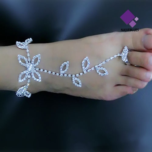 Naiveblue &gt; Cincin Jari Kaki / Tangan Model Rantai Harness Desain Daun Hias Kristal Berlian Imitasi Untuk Wanita