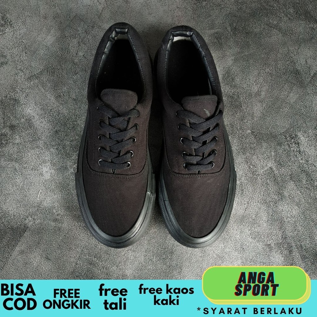 SEPATU SNEAKERS PRIA LOKAL NO BRAND POLOS FULL HITAM ORIGINAL INDONESIA