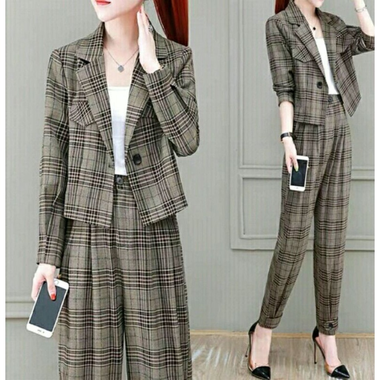 2in1 Set Fashion Wanita Import Set Long Pants N Blazer Crop Premium