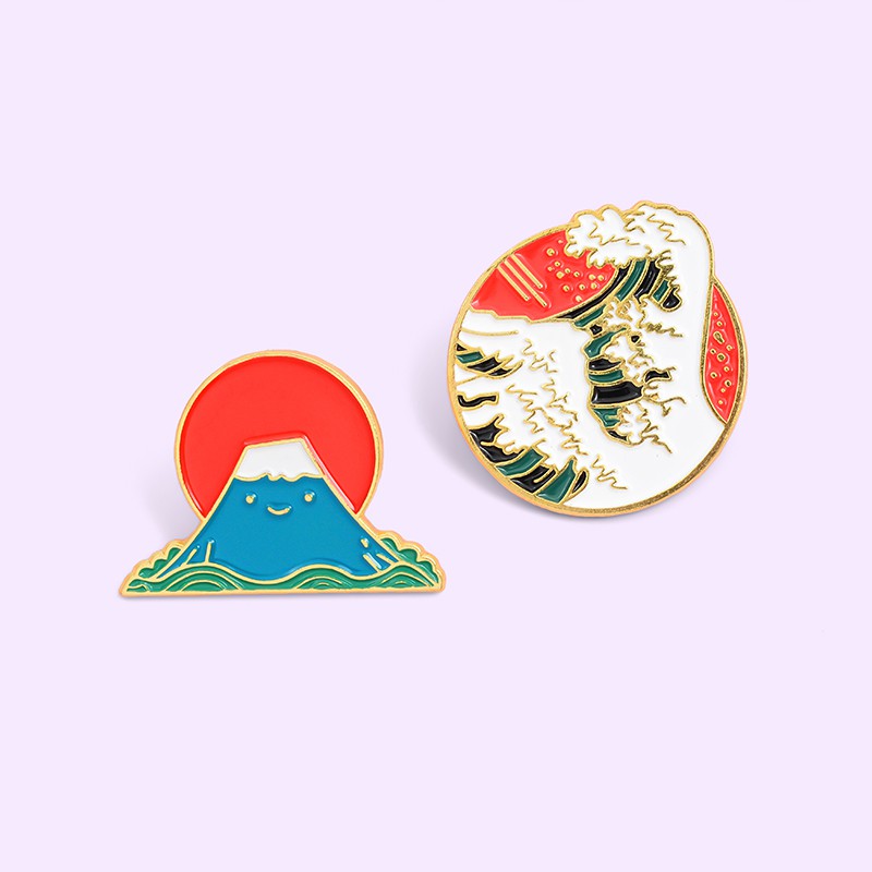 Bros Pin Enamel Desain Kartun Sun Mount Fuji Ombak Laut Untuk Hadiah Teman