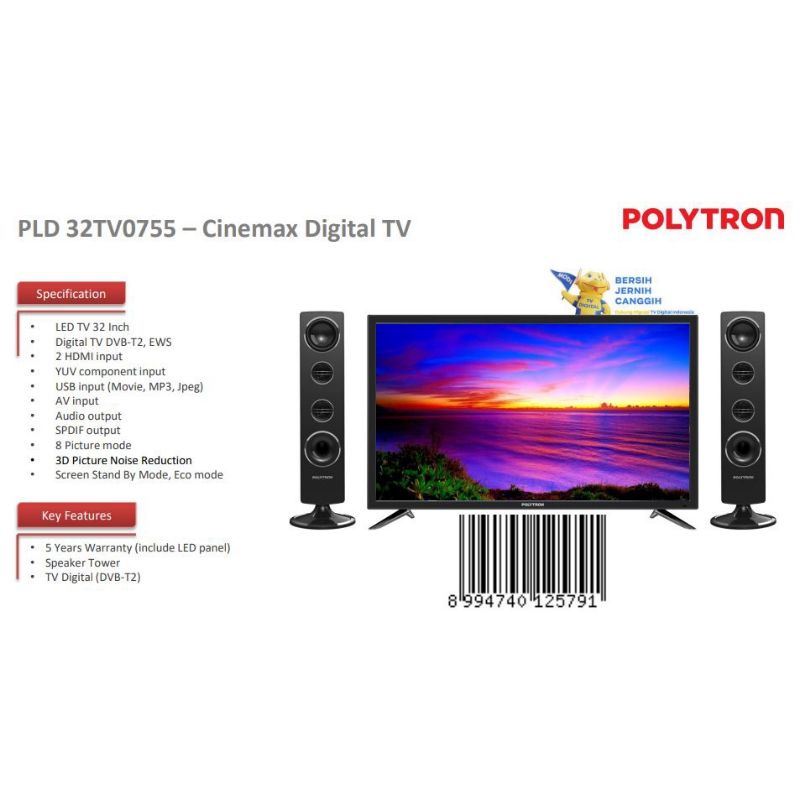 LED TV POLYTRON 32TV0755 DIGITAL TV 32 INCH SPEAKER TOWER 32 TV 0755 GARANSI RESMI
