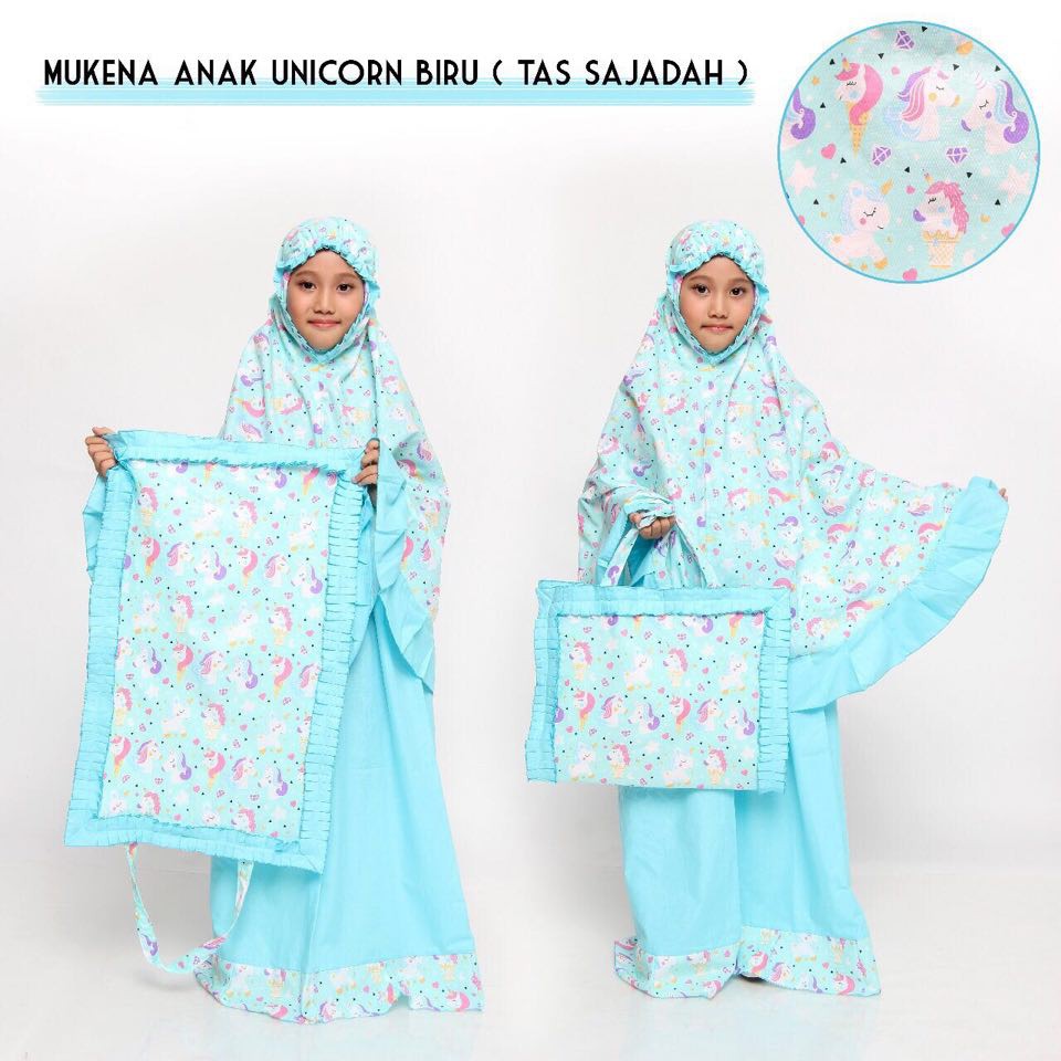 Mukena Anak Katun Unicorn Biru ( Tas Sajadah )