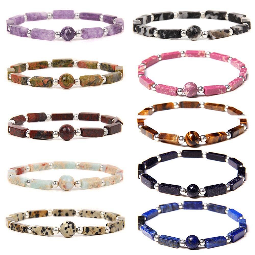 MXBEAUTY Natural Amethyst Gelang Kreatif Sederhana Manik Persegi Warna-Warni Buatan Tangan Vintage Wanita Tangan Rantai