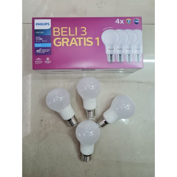 philips lampu led bulb 8watt mycare 8w paket 3 gratis 1 termurah 8 watt cahaya putih