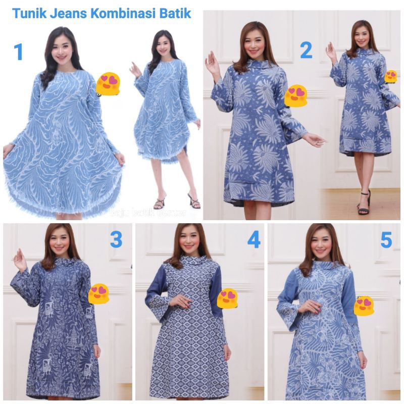 Tunik Jeans Kombinasi Batik // Tunic Jins Suwir Biru Original Terbaru