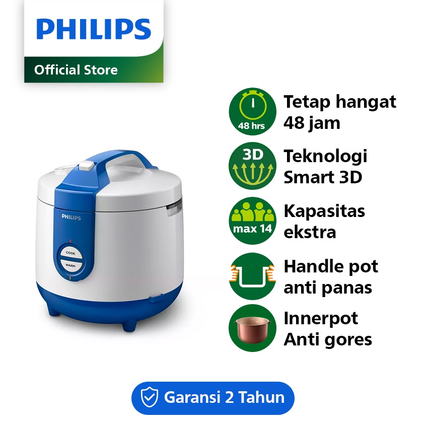 PHILIPS 2L Rice cooker HD3119/31 - 400Watt, Penanak Nasi Analog, Golden Ceramic, Blue, biru mejikom magic com